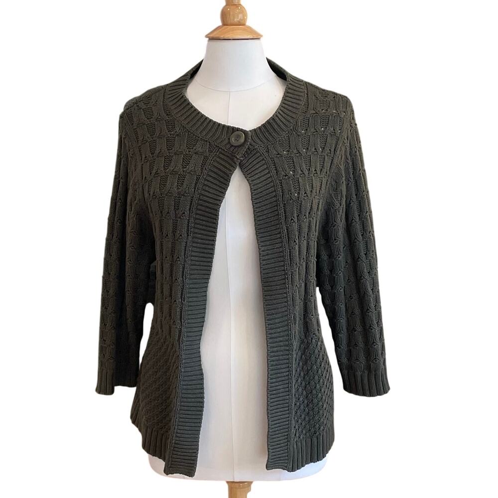 Croft & Barrow Olive Green 3/4 Sleeve Cable Open Knit Cardigan, Minimalist, 1X